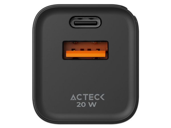 Cargador de pared Acteck Energon Prime, USB tipo A y USB tipo C, carga rápida de 20W, Color Negro.