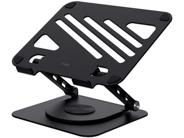Soporte Elevador Trust Zeff es un atril metálico, plegable y giratorio 360 que mejora la ergonomía al elevar portátiles de hasta 16