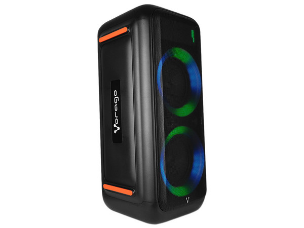 Bafle karaoke Vorago, KSP-700, doble bocina 8”, Super Bass, IPX4, entrada 3.5 mm, control remoto, USB, micrófono inalámbrico, TWS, acabado madera.