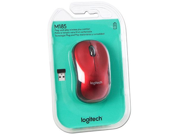 Mouse Óptico Inalámbrico Logitech M185, Hasta 1,000 dpi, USB, Color Negro/Rojo