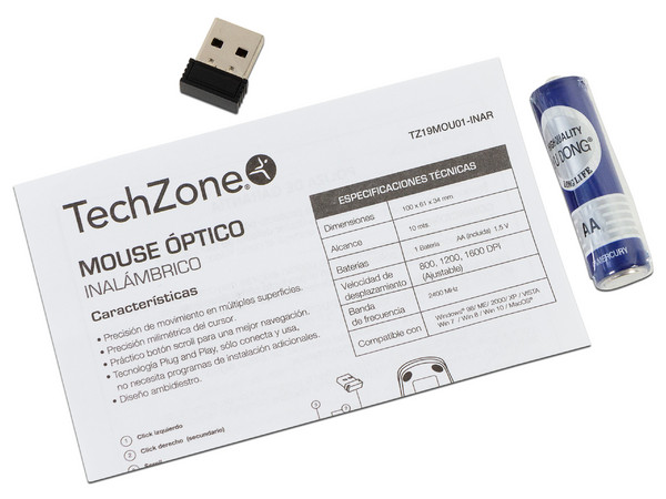 Mouse óptico inalámbrico TechZone TZ19MOU01-INA, Receptor USB. Color Plata.