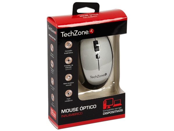 Mouse óptico inalámbrico TechZone TZ19MOU01-INA, Receptor USB. Color Plata.