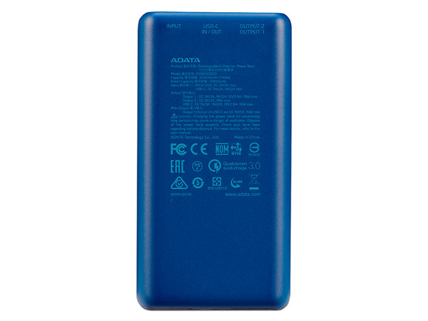 Batería Portátil Recargable ADATA P20000QCD Power Bank de 20,000mAh, con Tecnología de Carga Rápida Qualcomm 3.0, para Smartphones y Tablets. Color Azul.