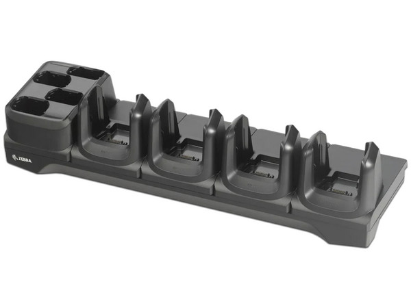 Cuna de Carga Zebra CRD-MC33-4SE4BC-01 con Ethernet. Compatible con 4 Terminales y 4 Baterías. Requiere PWR-BGA12V108W0WW, CBL-DC-381A1-01 y 23844-00-00R. Color Negro.