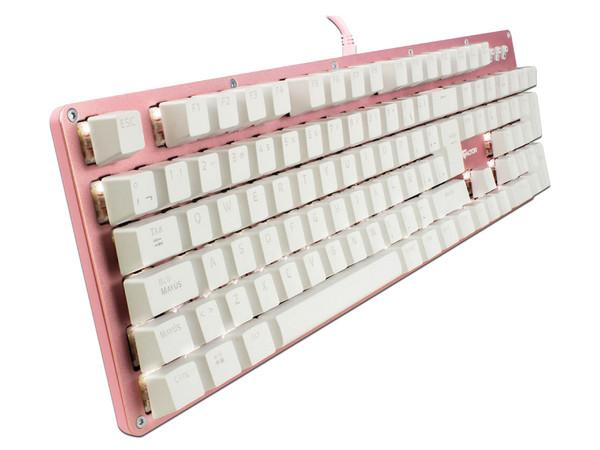 Teclado mecánico Gamer Game Factor KBG400 con teclas retroiluminadas, Switch KRED Rojo, USB. Color Rosa.