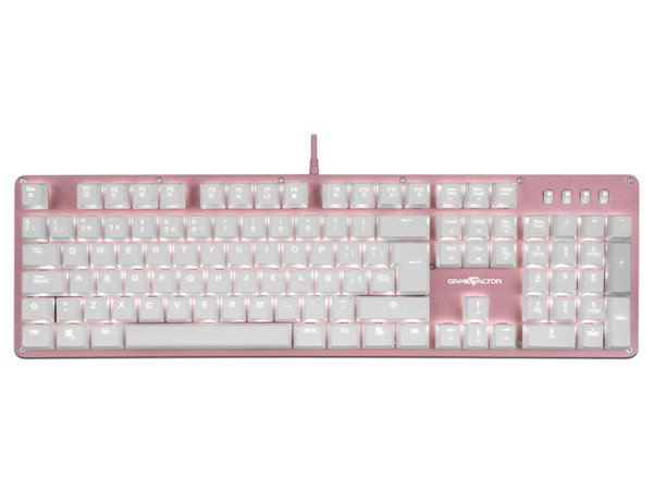 Teclado mecánico Gamer Game Factor KBG400 con teclas retroiluminadas, Switch KRED Rojo, USB. Color Rosa.