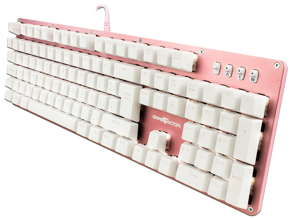 Teclado mecánico Gamer Game Factor KBG400 con teclas retroiluminadas, Switch KRED Rojo, USB. Color Rosa.