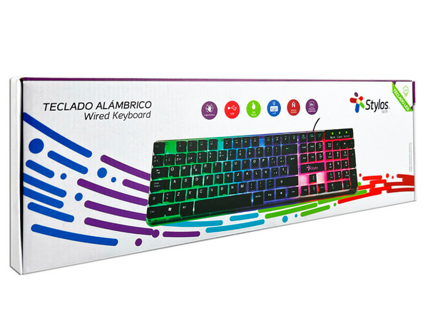 Teclado Alambrico Stylos ergonomico, 105 teclas, idioma espanol, Retroiluminado 3 colores, Multimedia, cable 1.4m, Color transparente
