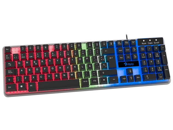 Teclado Alambrico Stylos ergonomico, 105 teclas, idioma espanol, Retroiluminado 3 colores, Multimedia, cable 1.4m, Color transparente