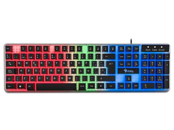Teclado Alambrico Stylos ergonomico, 105 teclas, idioma espanol, Retroiluminado 3 colores, Multimedia, cable 1.4m, Color transparente