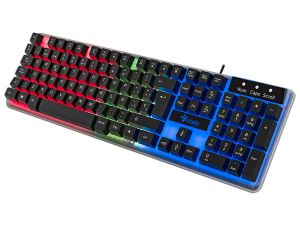 Teclado Alambrico Stylos ergonomico, 105 teclas, idioma espanol, Retroiluminado 3 colores, Multimedia, cable 1.4m, Color transparente