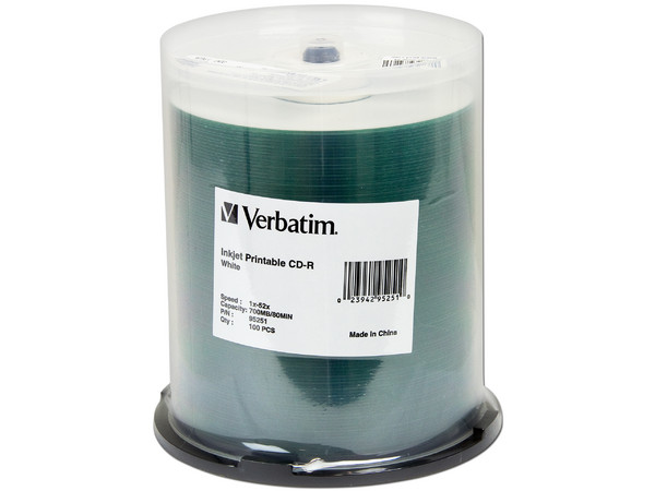 Paquete de 100 CD-R Verbatim Imprimibles, 700MB/80Min, 52X, Superficie Blanca.