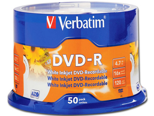Paquete de 50 DVD-R Verbatim de 4.7 GB/120 min, 16x, imprimibles.