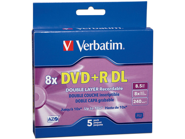 Paquete de 5 DVD+R DL Verbatim, 8.5 GB, 8x.