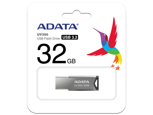 Unidad Flash USB 3.0 ADATA UV350 de 32GB, color gris metálico.