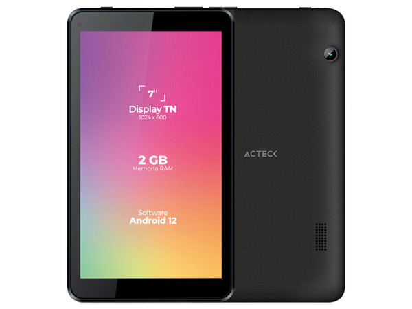 Tablet Acteck Chill Plus TP470,
Procesador Quad-Core Cortex- A53 (1.6 GHz),
Memoria RAM de 2GB,
Almacenamiento de 16GB,
Pantalla LED Multi touch de 7