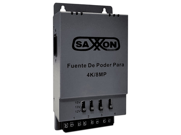 Fuente de Poder Saxxon PSU1205A-4K Regulable Metálica 4 Canales 12V-15V CC Montaje en Pared.