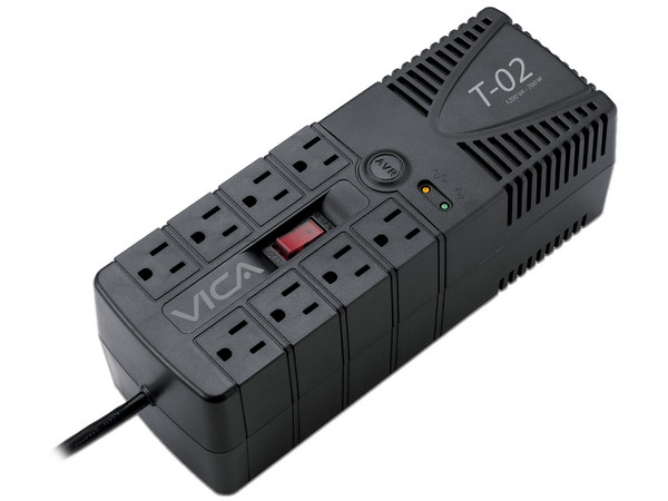 Regulador VICA T-02 1200VA/700W de 8 contactos y protección para linea telefónica.