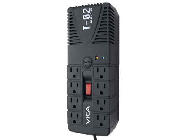 Regulador VICA T-02 1200VA/700W de 8 contactos y protección para linea telefónica.