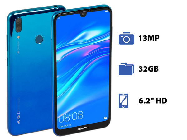 Smartphone Huawei Y7 2019:
Procesador Octa Core (hasta 1.80 GHz),
Memoria RAM de 3GB,
Almacenamiento de 32GB,
Pantalla LED de 6.2