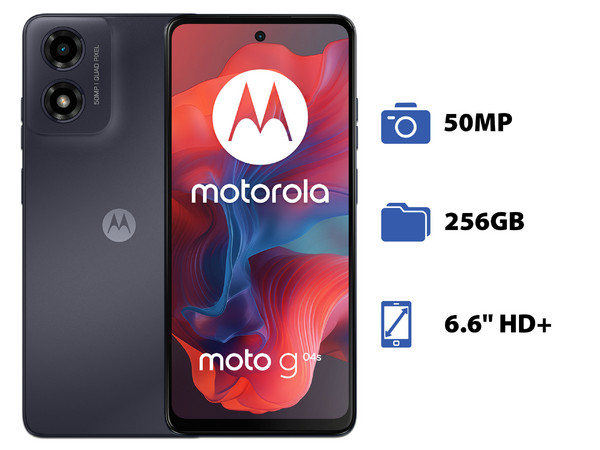 Smartphone Motorola Moto G04s:
Procesador Unisoc T606 (hasta 1.6 GHz),
Memoria RAM de 4GB, Almacenamiento de 256GB,
Pantalla LED Multi-Touch de 6.6