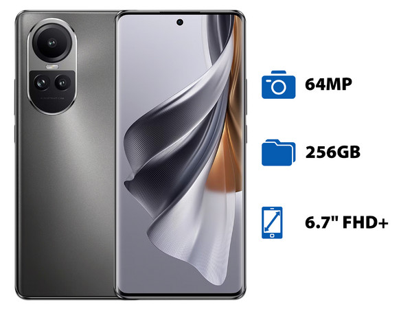 Smartphone OPPO Reno10 5G:
Procesador MediaTek Dimensity 7050 (hasta 2.6 GHz),
Memoria RAM de 8GB, Almacenamiento de 256GB,
Pantalla AMOLED de 6.7