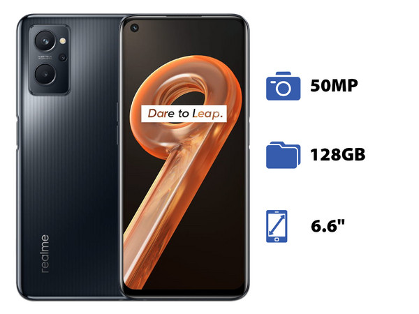 Smartphone Realme 9i:
Procesador Snapdragon 680 (hasta 2.2 GHz),
Memoria RAM de 6GB, Almacenamiento de 128GB,
Pantalla LED Multi Touch de 6.6