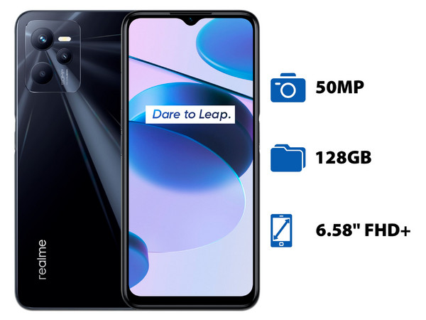 Smartphone Realme C35:
Procesador Unisoc T616,
Memoria RAM de 4GB,
Almacenamiento de 128GB,
Pantalla LED Multi Touch de 6.58