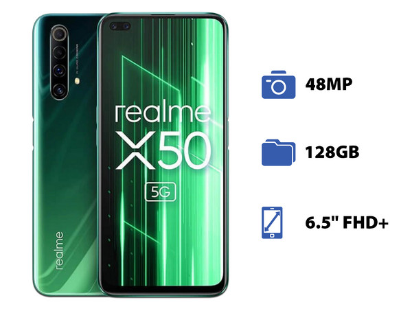 Smartphone Realme X50:
Procesador Snapdragon 765G (hasta 2.4GHz),
Memoria RAM de 6GB, Almacenamiento de 128GB,
Pantalla LED Multi Touch de 6.5