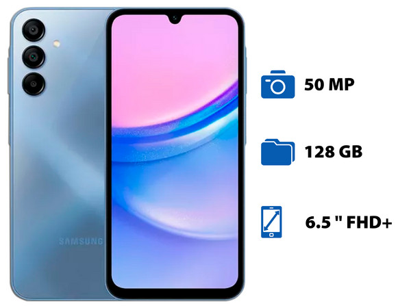 Smartphone Samsung Galaxy A15:
Procesador Octa Core (hasta 2.2 GHz),
Memoria RAM de 6GB,
Almacenamiento de 128GB,
Pantalla AMOLED Multi-Touch de 6.5