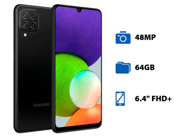 Smartphone Samsung Galaxy A22:
Procesador Octa-core (hasta 2 GHz),
Memoria RAM de 4GB, Almacenamiento de 64GB,
Pantalla Super AMOLED de 6.4