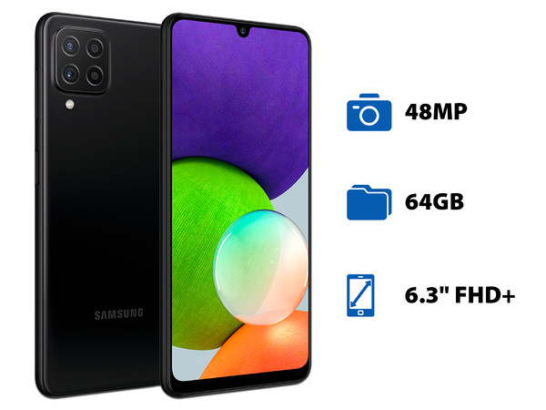 Smartphone Samsung Galaxy A22:
Procesador Dimensity 700 (hasta 2.20 GHz),
Memoria RAM de 4GB, Almacenamiento de 64GB,
Pantalla LED Multi Touch de 6.3