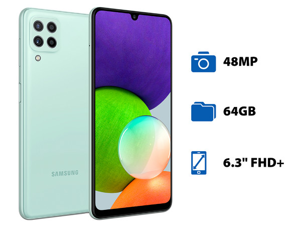 Smartphone Samsung Galaxy A22:
Procesador Dimensity 700 (hasta 2.20 GHz),
Memoria RAM de 4GB, Almacenamiento de 64GB,
Pantalla LED Multi Touch de 6.3