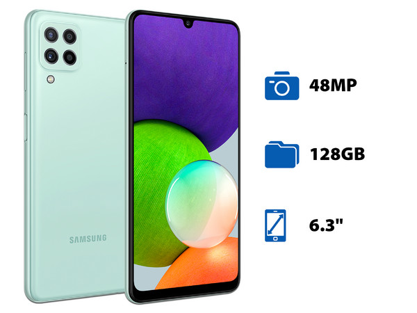 Smartphone Samsung Galaxy A22:
Procesador Octa Core (hasta 2.0 GHz),
Memoria RAM de 4GB,
Almacenamiento de 128GB,
Pantalla Super AMOLED de 6.3