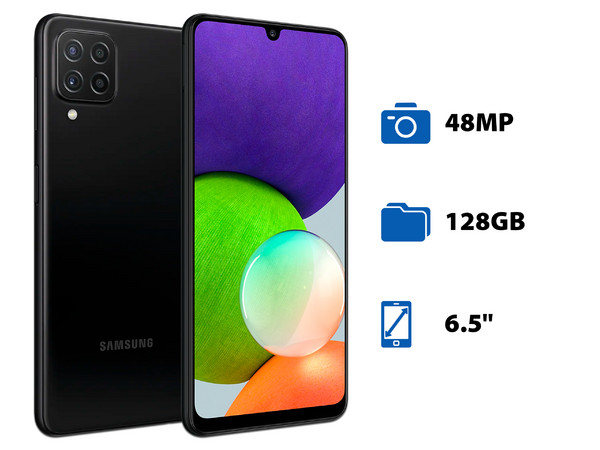 Smartphone Samsung Galaxy A22:
Procesador Octa-Core 2.0 GHz,
Memoria RAM de 4GB, Almacenamiento de 128GB,
Pantalla LED de 6.5