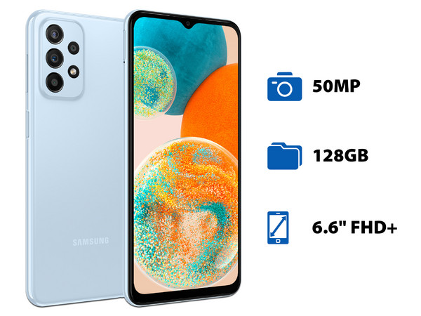 Smartphone Samsung Galaxy A23:
Procesador Octacore (hasta 1.9GHz),
Memoria RAM de 4GB, Almacenamiento de 128GB,
Pantalla LCD TFT de 6.6