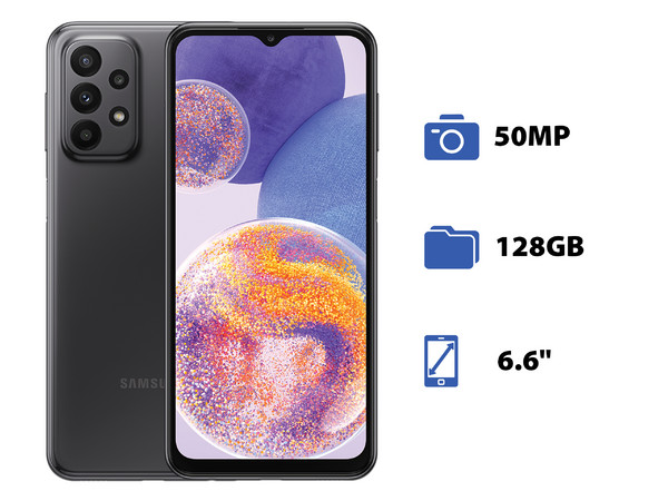 Smartphone Samsung Galaxy A23:
Procesador Octacore (hasta 1.9GHz),
Memoria RAM de 4GB, Almacenamiento de 128GB,
Pantalla LCD TFT de 6.6