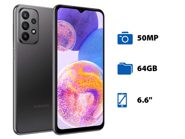 Smartphone Samsung Galaxy A23:
Procesador Octa Core (hasta 2.40 GHz),
Memoria RAM de 4GB, Almacenamiento de 64GB,
Pantalla LED Multi Touch de 6.6