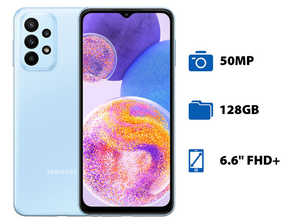 Smartphone Samsung Galaxy A23:
Procesador Octacore (hasta 2.40 GHz),
Memoria RAM de 4GB, Almacenamiento de 128GB,
Pantalla LED Multi touch FHD+ de 6.6