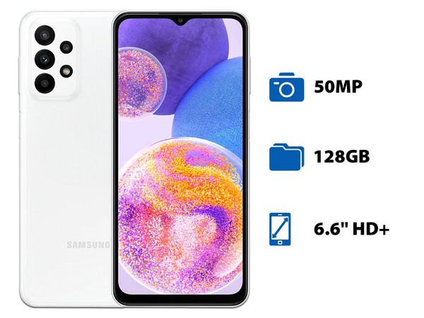 Smartphone Samsung Galaxy A23:
Procesador Octa-Core (Hasta 1.90 GHz),
Memoria RAM de 4GB, Almacenamiento de 128GB,
Pantalla LED Multi-Touch de 6.6