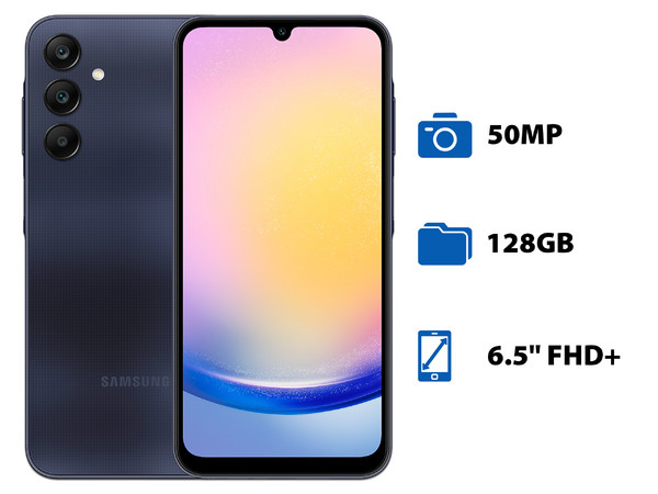 Smartphone Samsung Galaxy A25 5G:
Procesador Octa Core (hasta 2.4 GHz),
Memoria RAM de 6GB, Almacenamiento de 128GB,
Pantalla LED Multi-Touch de 6.5