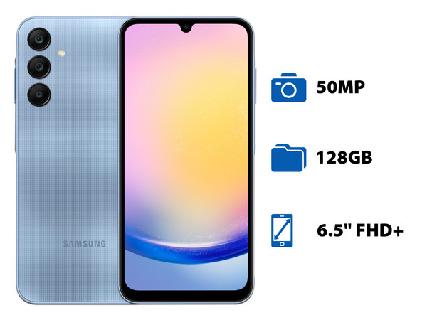 Smartphone Samsung Galaxy A25 5G:
Procesador Octa Core (hasta 2.4 GHz),
Memoria RAM de 6GB,
Almacenamiento de 128GB,
Pantalla LED Multi-Touch de 6.5