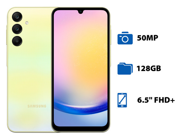 Smartphone Samsung Galaxy A25 5G:
Procesador Octa Core (hasta 2.4 GHz),
Memoria RAM de 6GB,
Almacenamiento de 128GB,
Pantalla LED Multi-Touch de 6.5