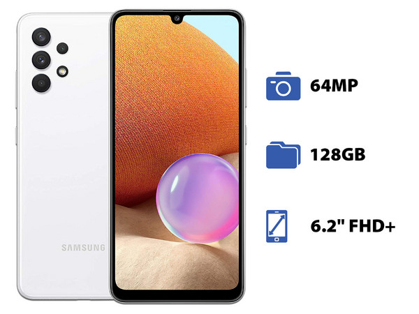 Smartphone Samsung Galaxy A32:
Procesador Mediatek Helio G80 Octa Core (hasta 2.0 GHz),
Memoria RAM de 4GB, Almacenamiento de 128GB,
Pantalla Super AMOLED de 6.2