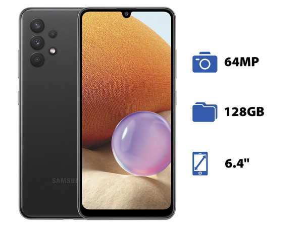 Smartphone Samsung Galaxy A32:
Procesador Mediatek Helio G80 Octa Core (hasta 2.0 GHz),
Memoria RAM de 4GB, Almacenamiento de 128GB,
Pantalla LED Multi Touch de 6.4