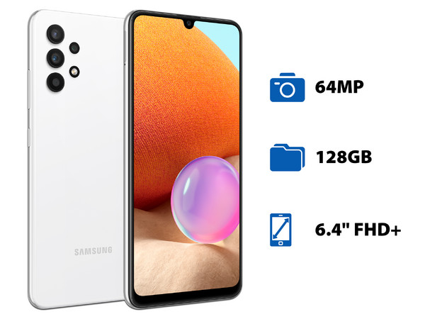 Smartphone Samsung Galaxy A32:
Procesador Octa-Core (hasta 1.80 GHz),
Memoria RAM de 4GB,
Almacenamiento de 128GB,
Pantalla Super AMOLED de 6.4