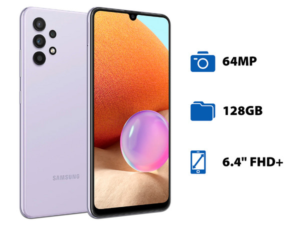 Smartphone Samsung Galaxy A32:
Procesador MediaTek Helio G80 (hasta 2.20 GHz)
Memoria RAM de 4GB, Almacenamiento de 128GB,
Pantalla Super AMOLED de 6.4