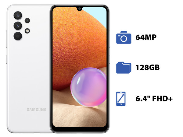 Smartphone Samsung Galaxy A32:
Procesador Octa Core (hasta 2.0 GHz),
Memoria RAM de 4GB, Almacenamiento de 128GB,
Pantalla Super AMOLED de 6.4