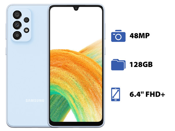 Smartphone Samsung Galaxy A33:
Procesador Octa Core (hasta 2.4 GHz),
Memoria RAM de 6GB, Almacenamiento de 128GB,
Pantalla Super AMOLED de 6.4