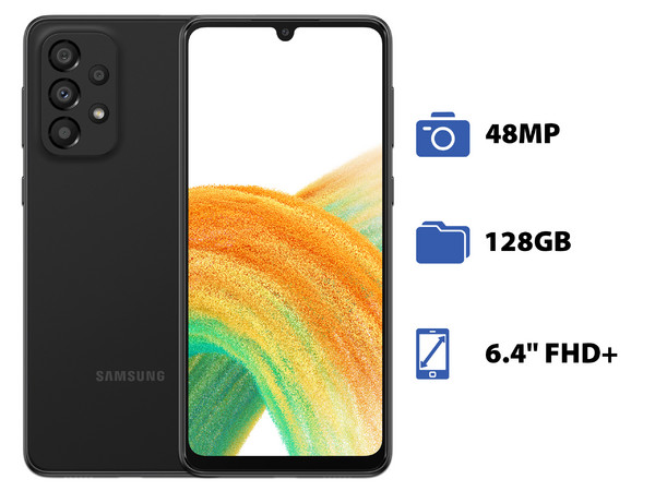Smartphone Samsung Galaxy A33:
Procesador Octa Core (hasta 2.4 GHz),
Memoria RAM de 6GB, Almacenamiento de 128GB,
Pantalla Super AMOLED de 6.4